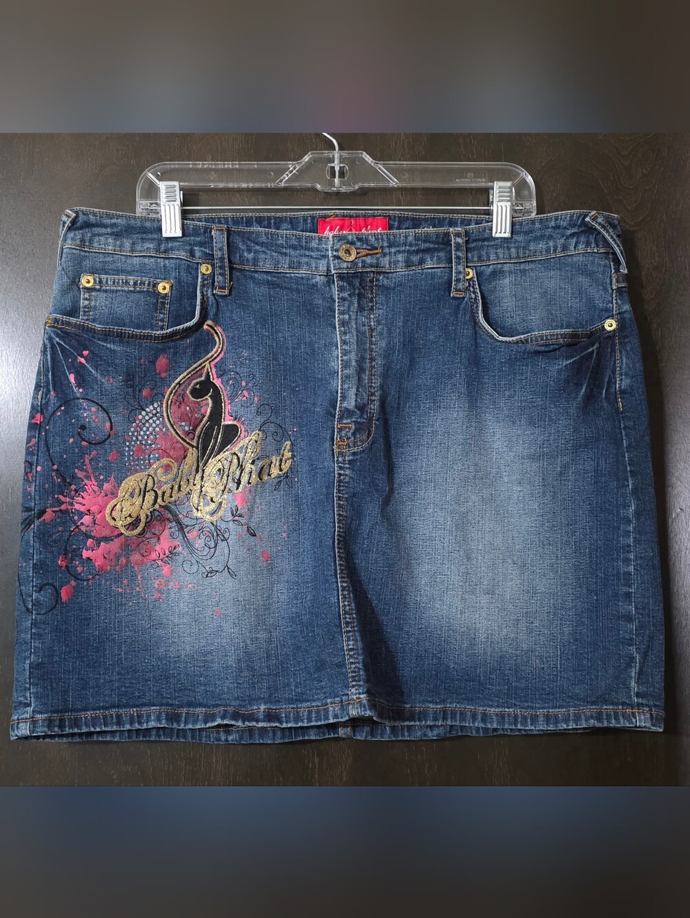 Rare Vintage Y2K Baby Phat Graffiti Denim Mini Skirt Cat Logo Women's Size 20